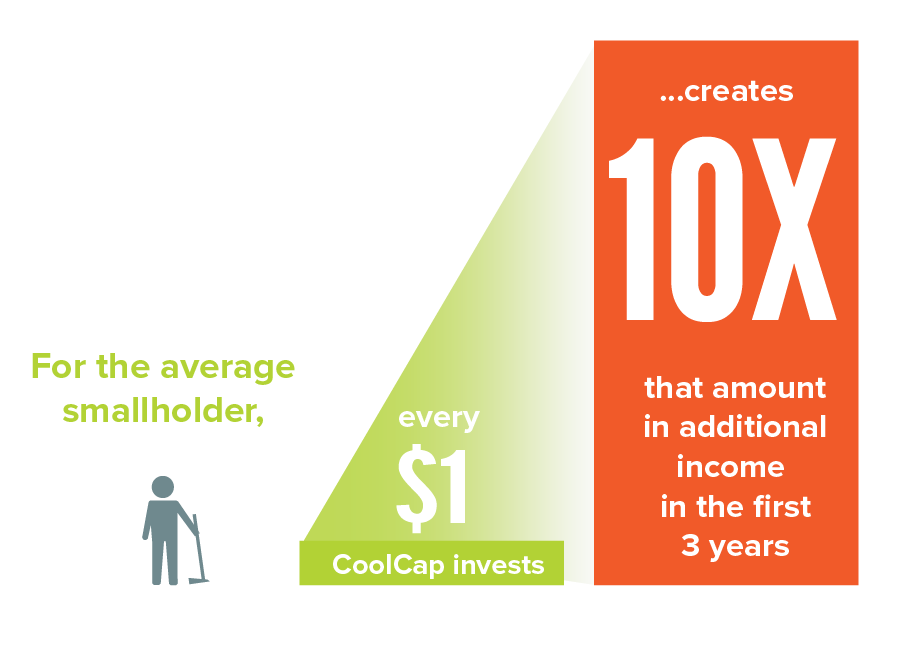 For the average smallholder, every $1 CoopCap invests creates 10x that amount in additional annual income in the first three years